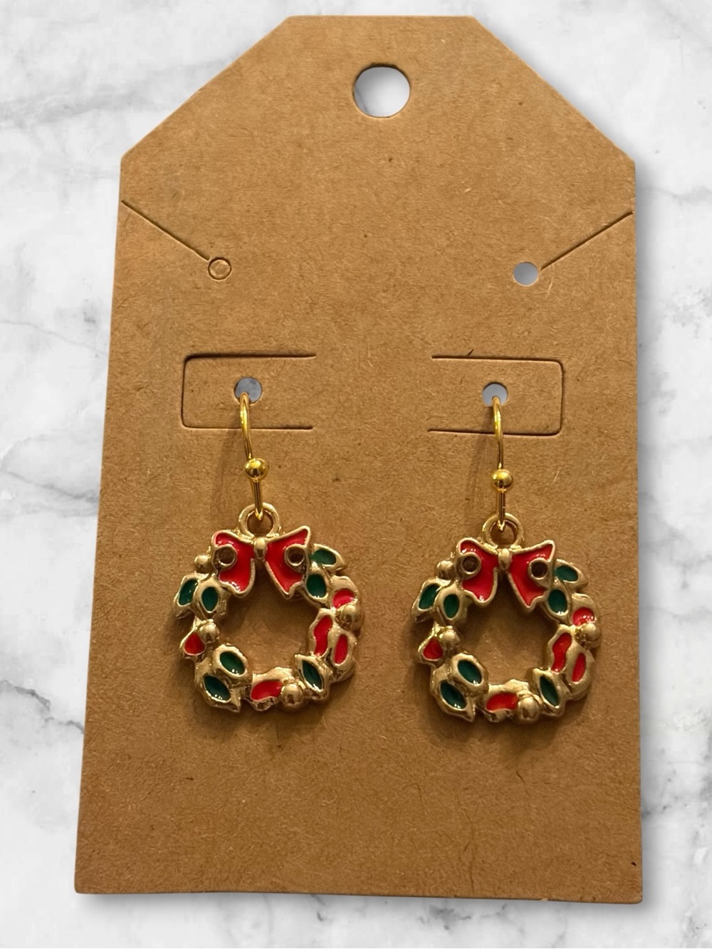 Gold-Tone Red & Green Wreath Drop Earrings - Holiday Jewelry